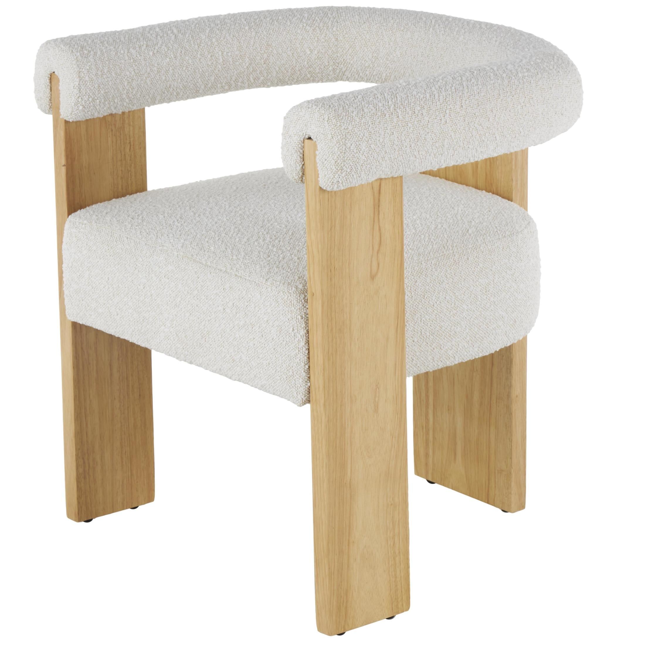 DecMode Polyester Curved Back Mid Century Modern Round Boucle Lounge Chair with Light Brown Wood Frame, Cream