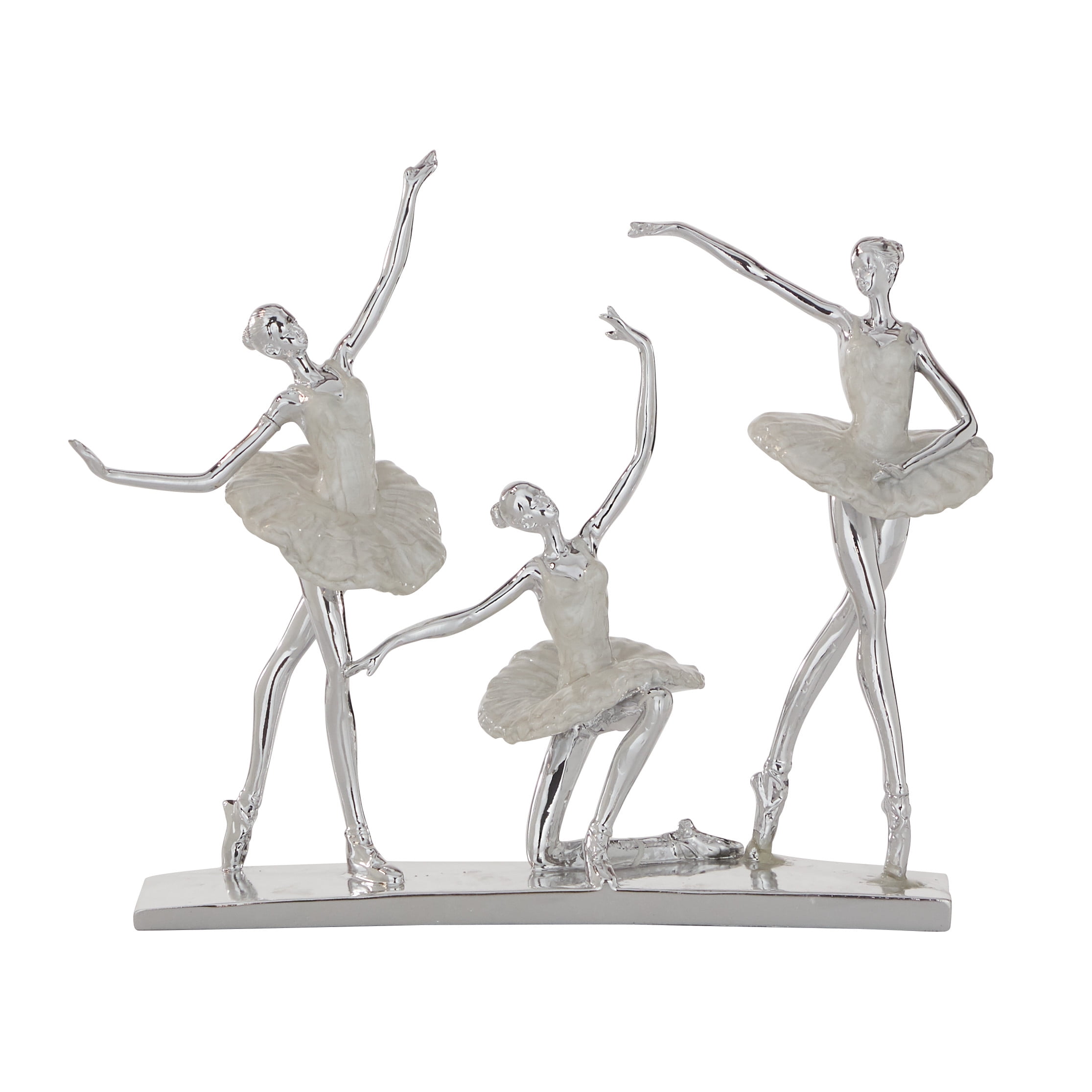 DecMode Polystone Glam Polished Silver Three Ballerina Dancers Sculpture, 14"W x 12"H