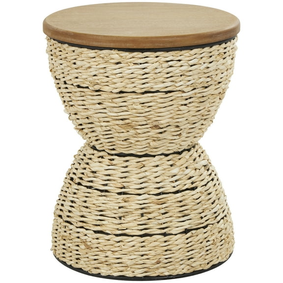 DecMode Rattan Handmade Woven Stool with Wood Tabletop and Black Frame, Brown