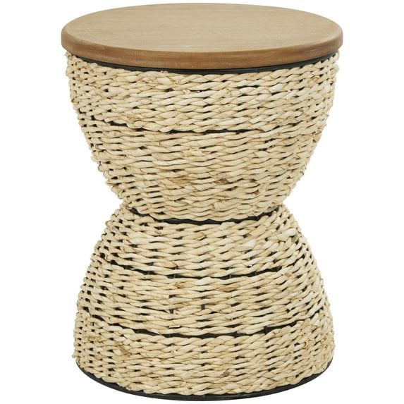 DecMode Rattan Handmade Woven Stool with Wood Tabletop and Black Frame, Brown