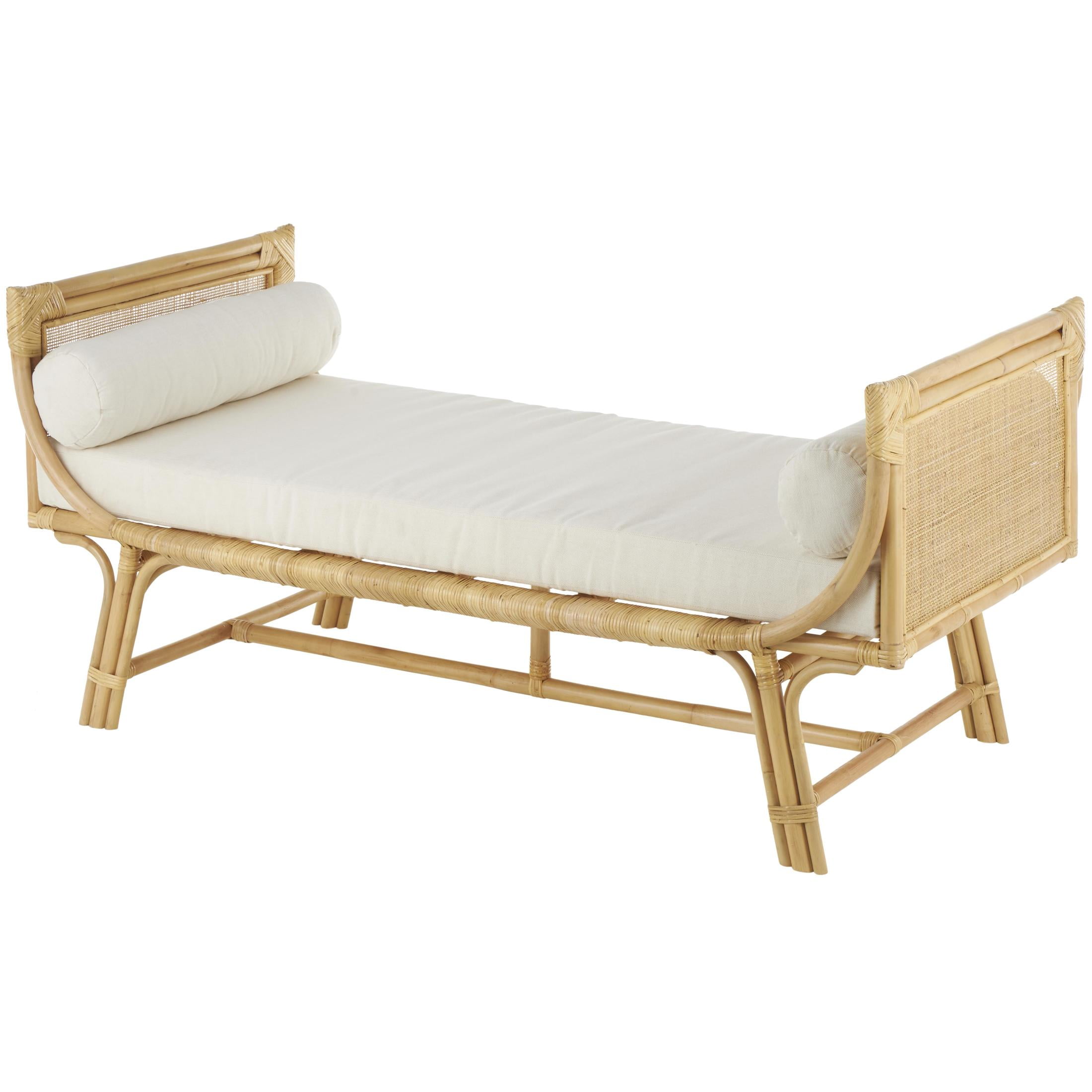 Light Brown Rattan Bench with White Cushions and Storage