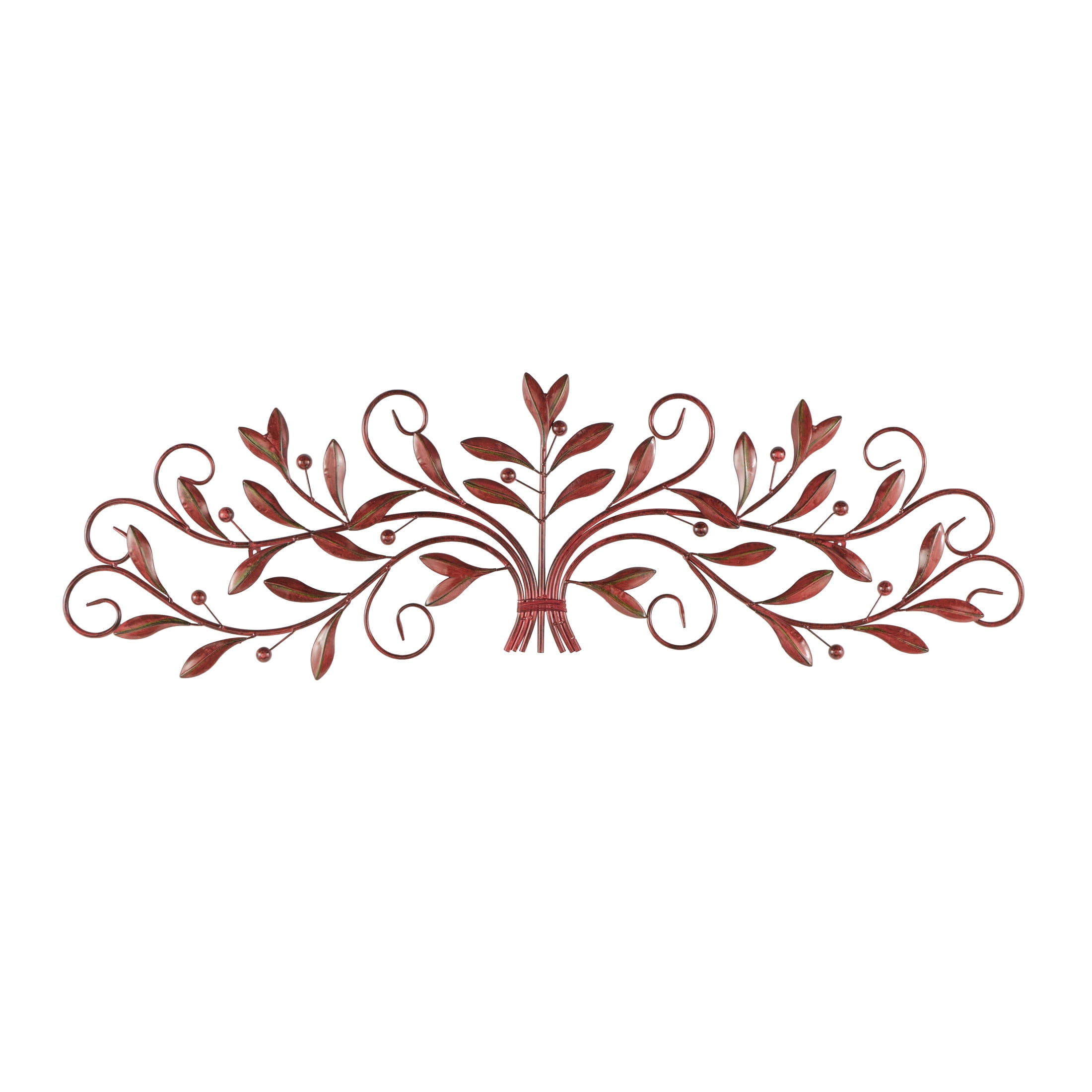 DecMode Red Metal Long Scrolled Leaf Wall Decor with Beaded Accents
