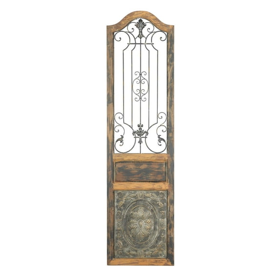 DecMode Rustic Arched Door-Inspired Wood and Metal Wall Decor, 72"H x 19L, Distressed Brown Finish with Organic Character