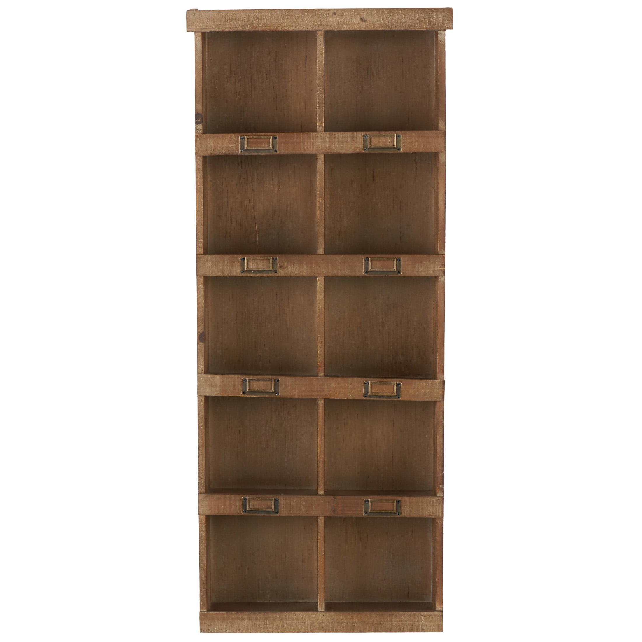 DecMode Rustic Bookcase Inspired Wood Wall Shelf with 10 Square Units and Brown Wood Grain Finish, 18"W x 42"H