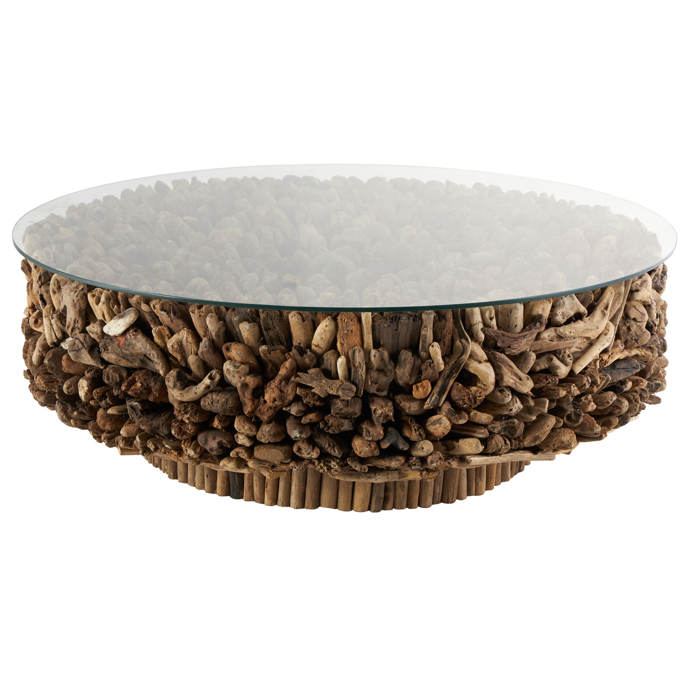 DecMode Rustic Brown Driftwood Inspired Coffee Table with Tempered Glass, 48"W x 16"H
