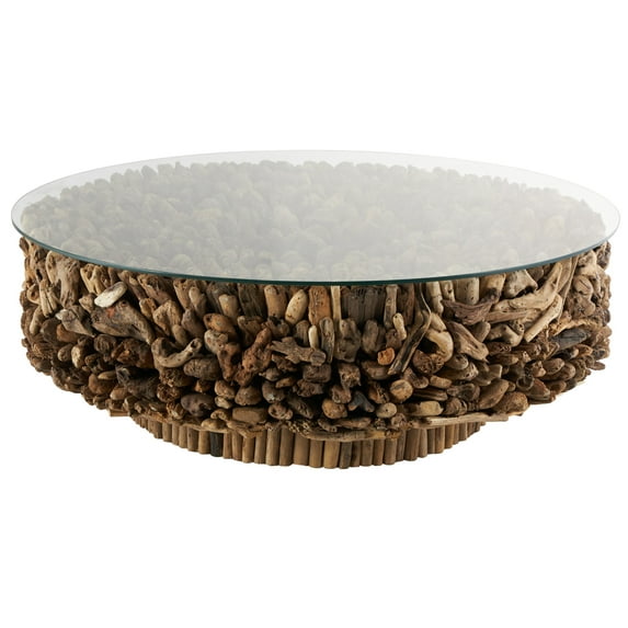 DecMode Rustic Brown Driftwood Inspired Coffee Table with Tempered Glass, 48"W x 16"H