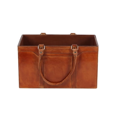 DecMode Rustic Leather Brown Rectangular Magazine Holder with Strap Handles, 15"W x 16"H