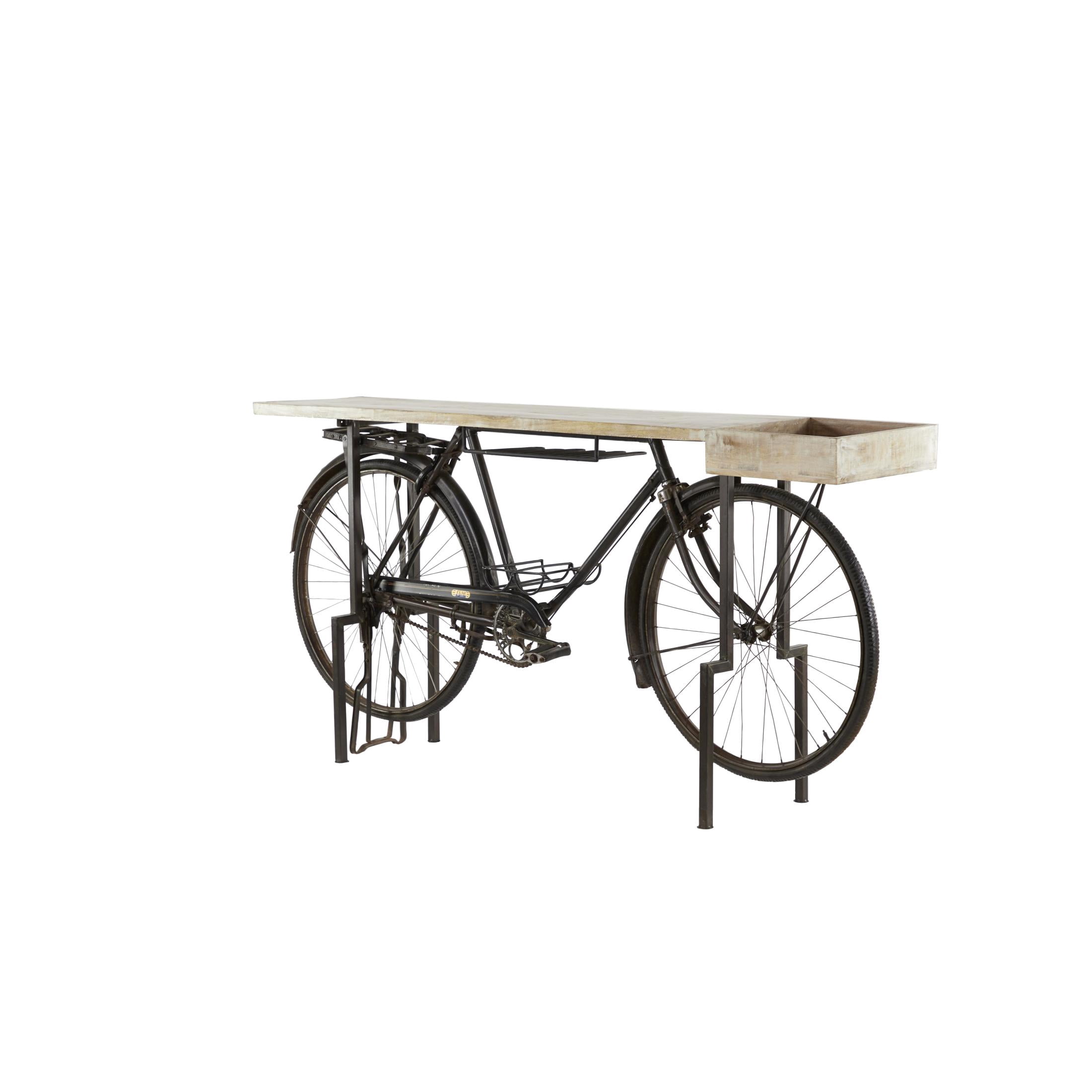DecMode Rustic Metal Black Bicycle Console Table with Brown Wood Tabletop, 76"W x 37"H