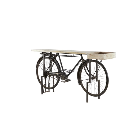 DecMode Rustic Metal Black Bicycle Console Table with Brown Wood Tabletop, 76"W x 37"H