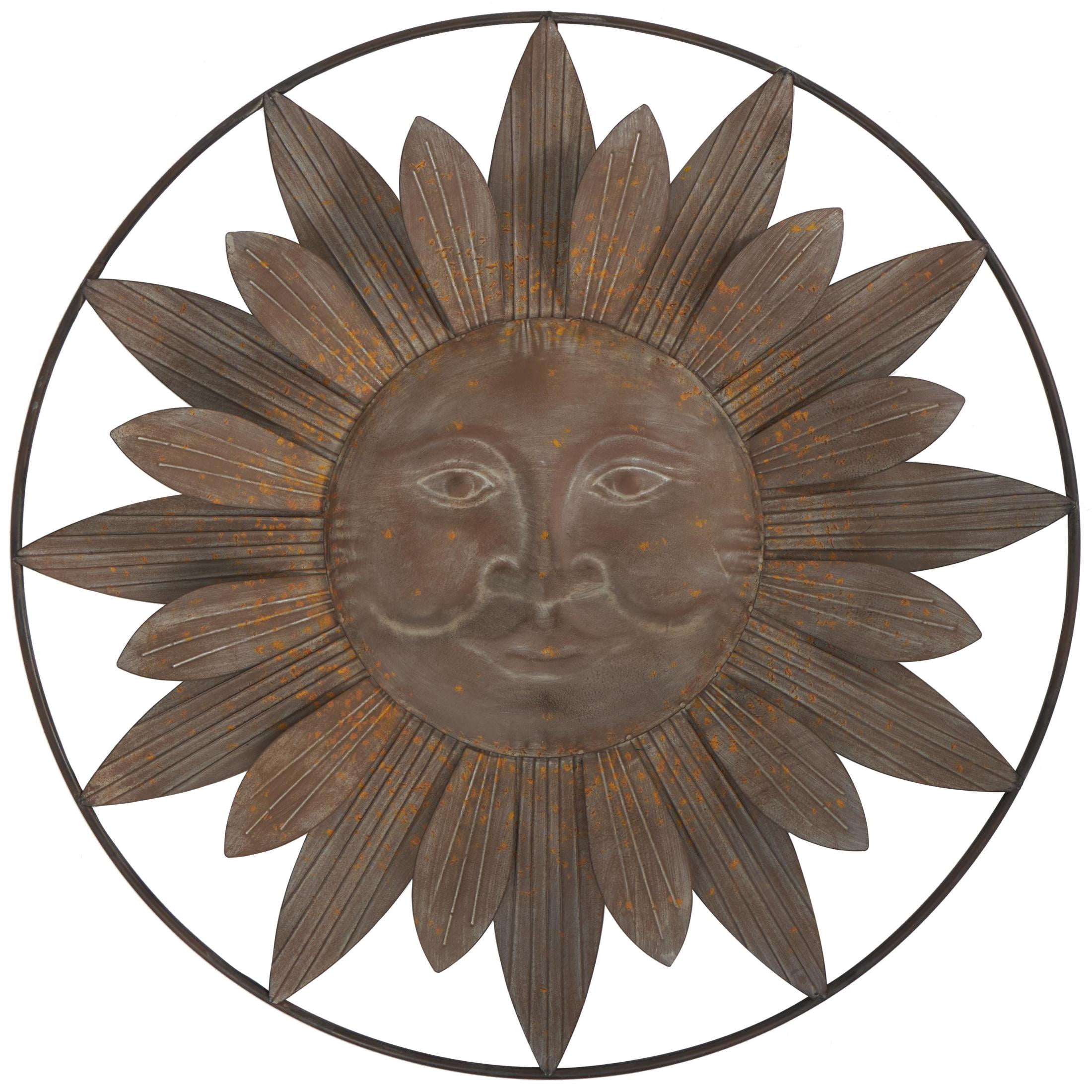 DecMode Rustic Metal Carved Sun Face with Rays Wall Décor, 30"D with Bronze Gold Distressed Finish
