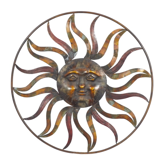 DecMode Rustic Metal Round Sun Face with Rays Wall Décor, 36"D Features Brown Distressed Tarnished Surface
