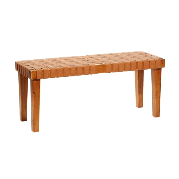 DecMode Rustic Rectangular Weave Pattern Wood Bench with Polished Brown Finish, 45"W x 19"H