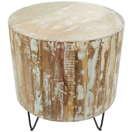 DecMode Rustic Wood Round Coffee Table with V Shaped Legs and Organic Brown/White Washed Finish , 24"W x 25"H