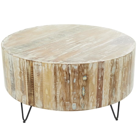 DecMode Rustic Wood Round Coffee Table with V Shaped Legs and Organic Brown/White Washed Finish , 37"W x 18"H