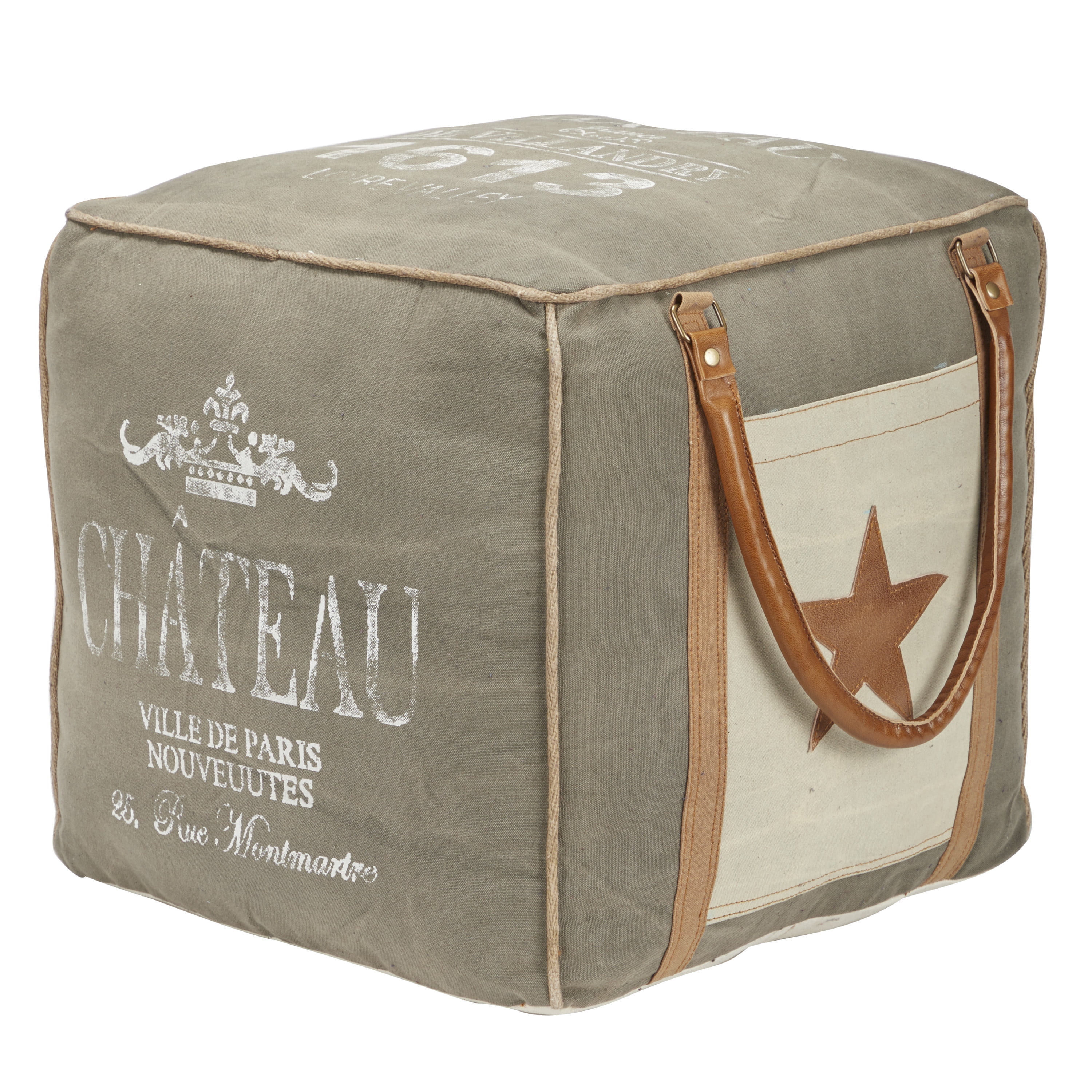 Gray Canvas and Leather Tufted Square Pouf, 19"