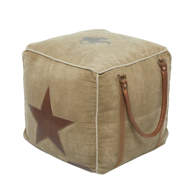 DecMode Rustic and Organic Square Ottoman Fabric Pouf features Tan Canvas and Brown Leather Handles with a Star Design, 20"W x 19"H