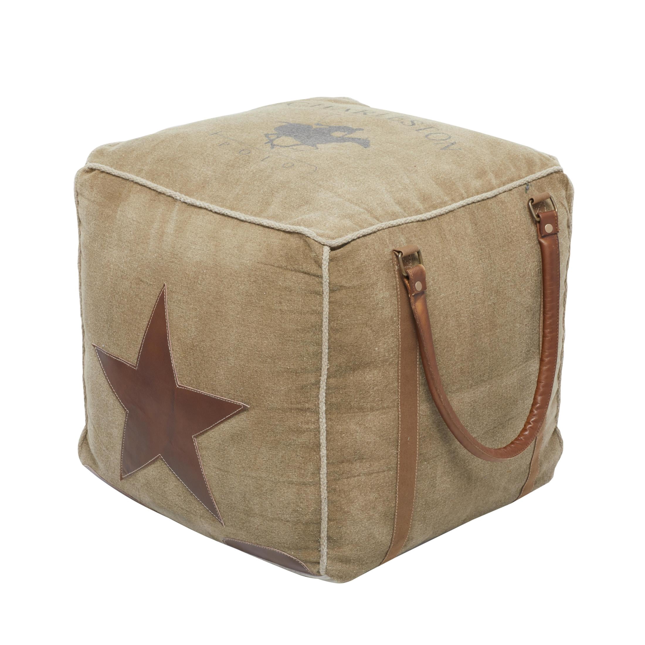 DecMode Rustic and Organic Square Ottoman Fabric Pouf features Tan Canvas and Brown Leather Handles with a Star Design, 20"W x 19"H