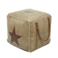 thumbnail image 1 of DecMode Rustic and Organic Square Ottoman Fabric Pouf features Tan Canvas and Brown Leather Handles with a Star Design, 20"W x 19"H, 1 of 10