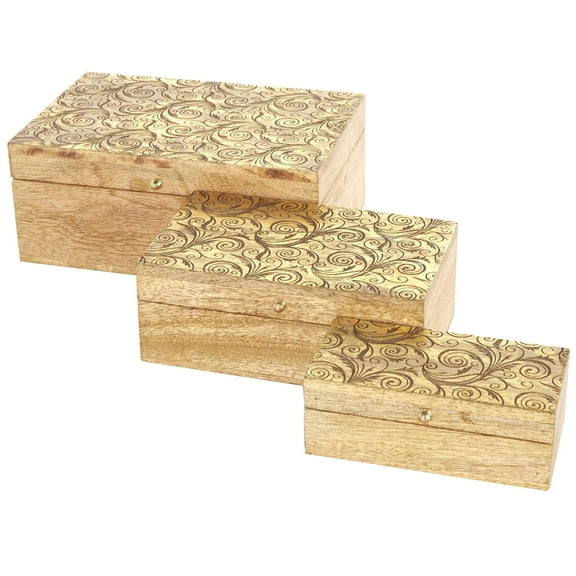 DecMode Scroll Handmade Storage Brown Mango Wood Decorative Box with Gold Accents, 3 Count