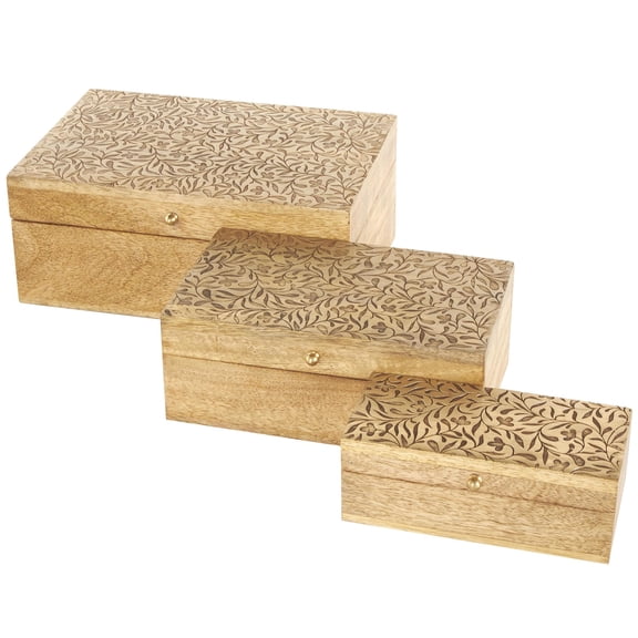 DecMode Floral Handmade Storage Brown Mango Wood Decorative Box with Gold Accents, 3 Count