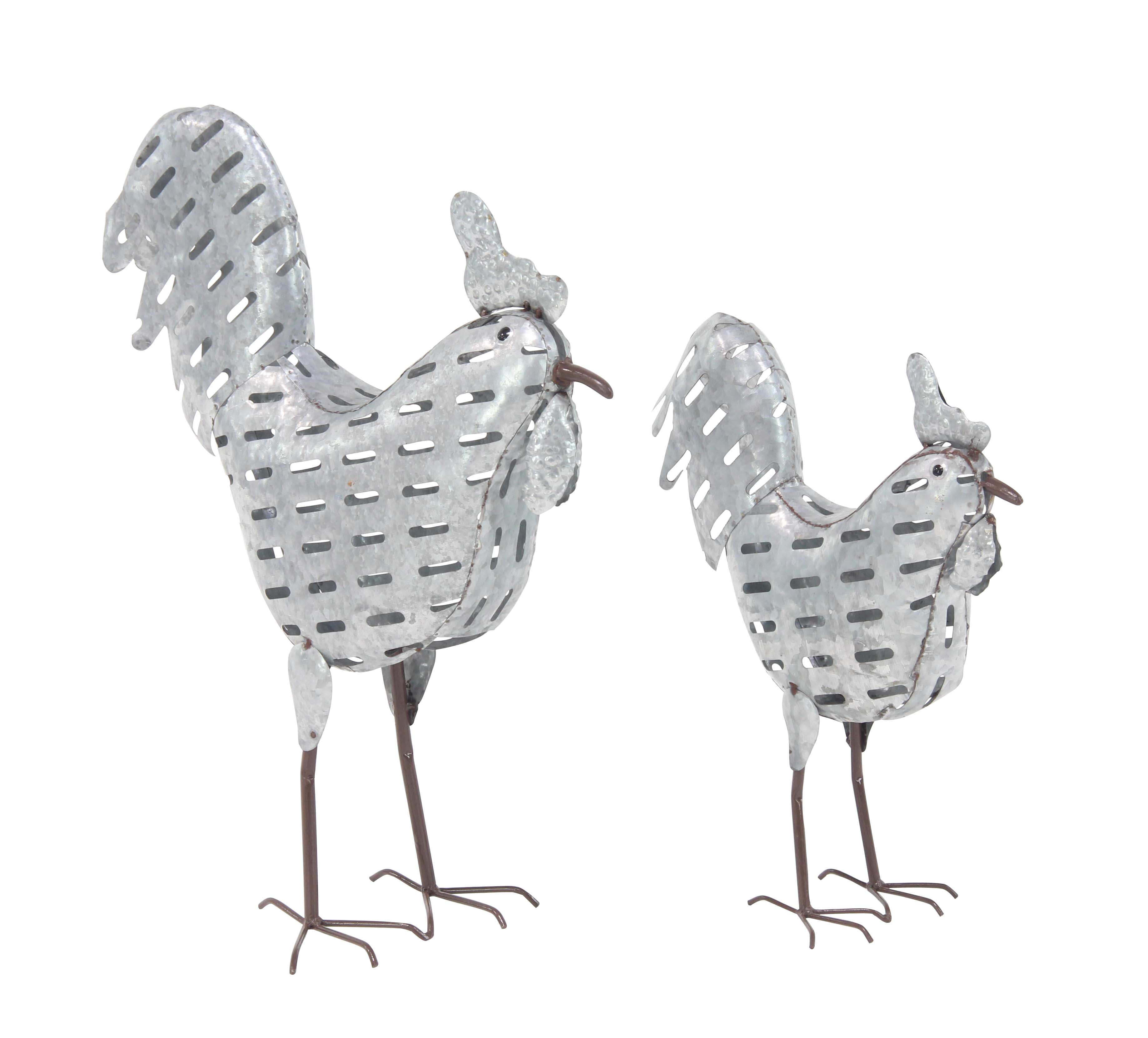 Decmode Set of 2 Farmhouse Iron Standing Rooster Sculptures, Gray