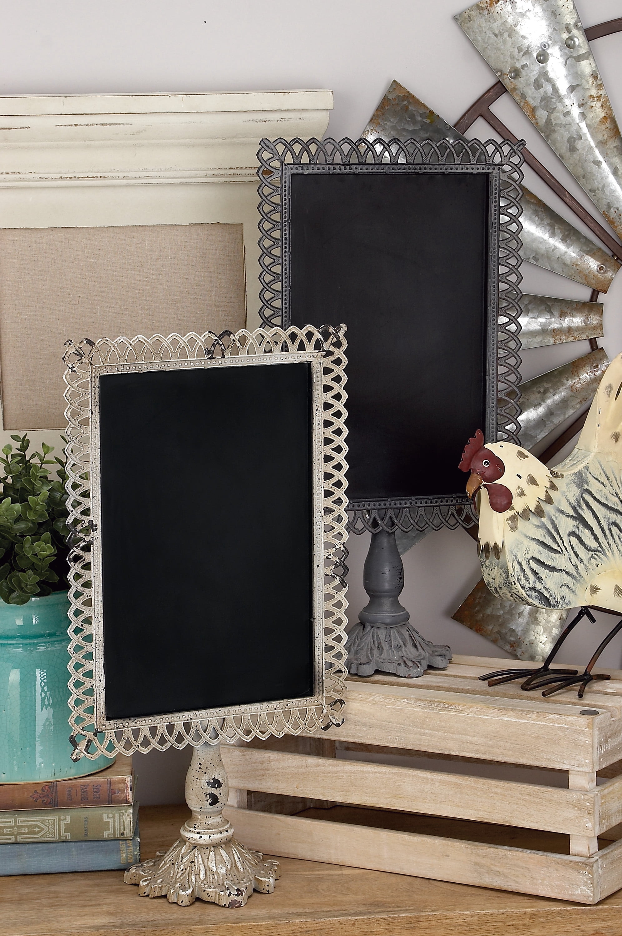 DecMode Set of 2 farmhouse 20 x 10 inch iron and black wood trellis design chalkboards with stand