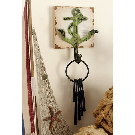 DecMode Set of 3 Coastal 7 Inch Distressed Fir Wood and Iron Square Wall Hooks