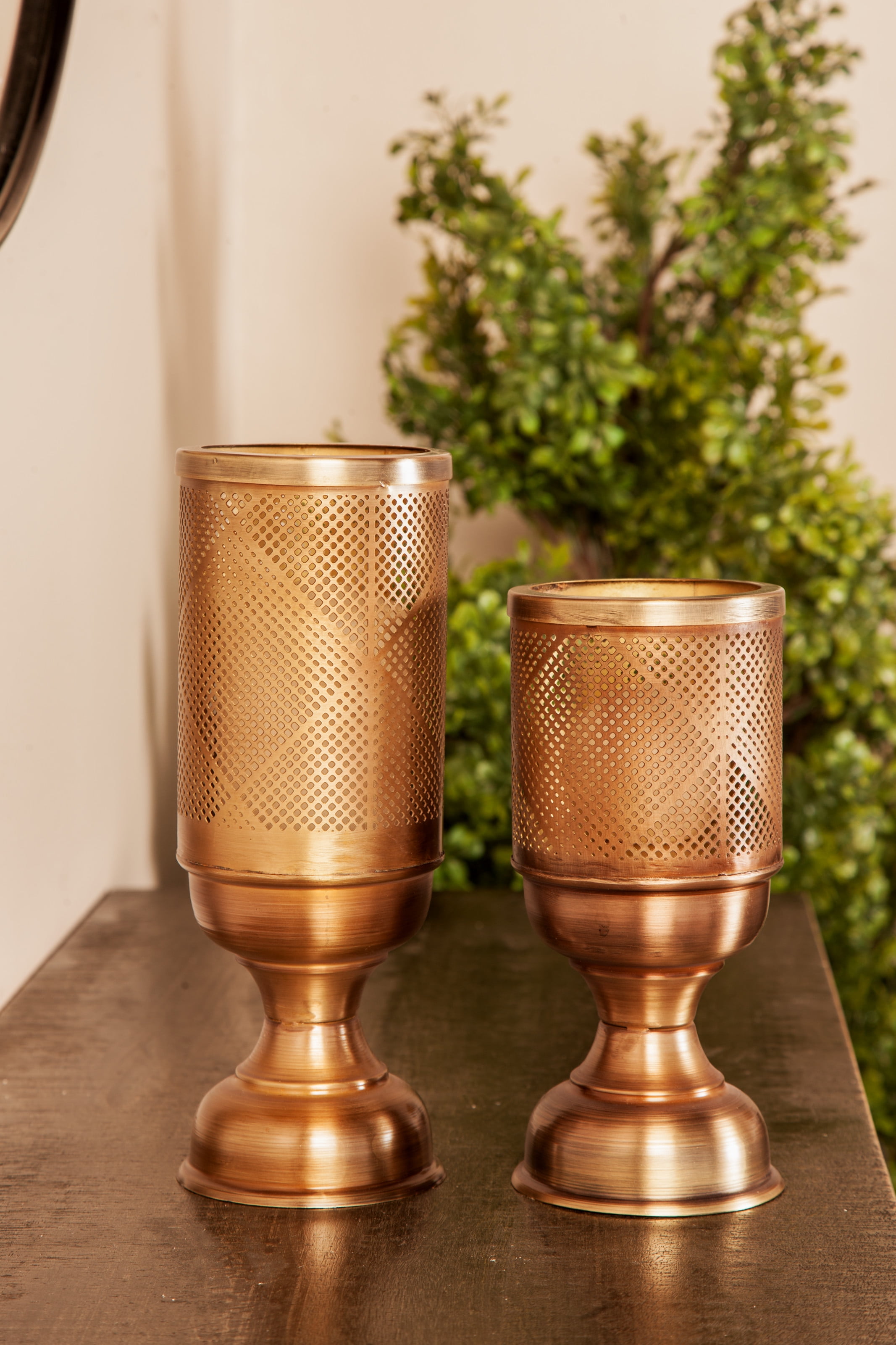 Set of 3 Gold Perforated Iron Chalice Candle Holders