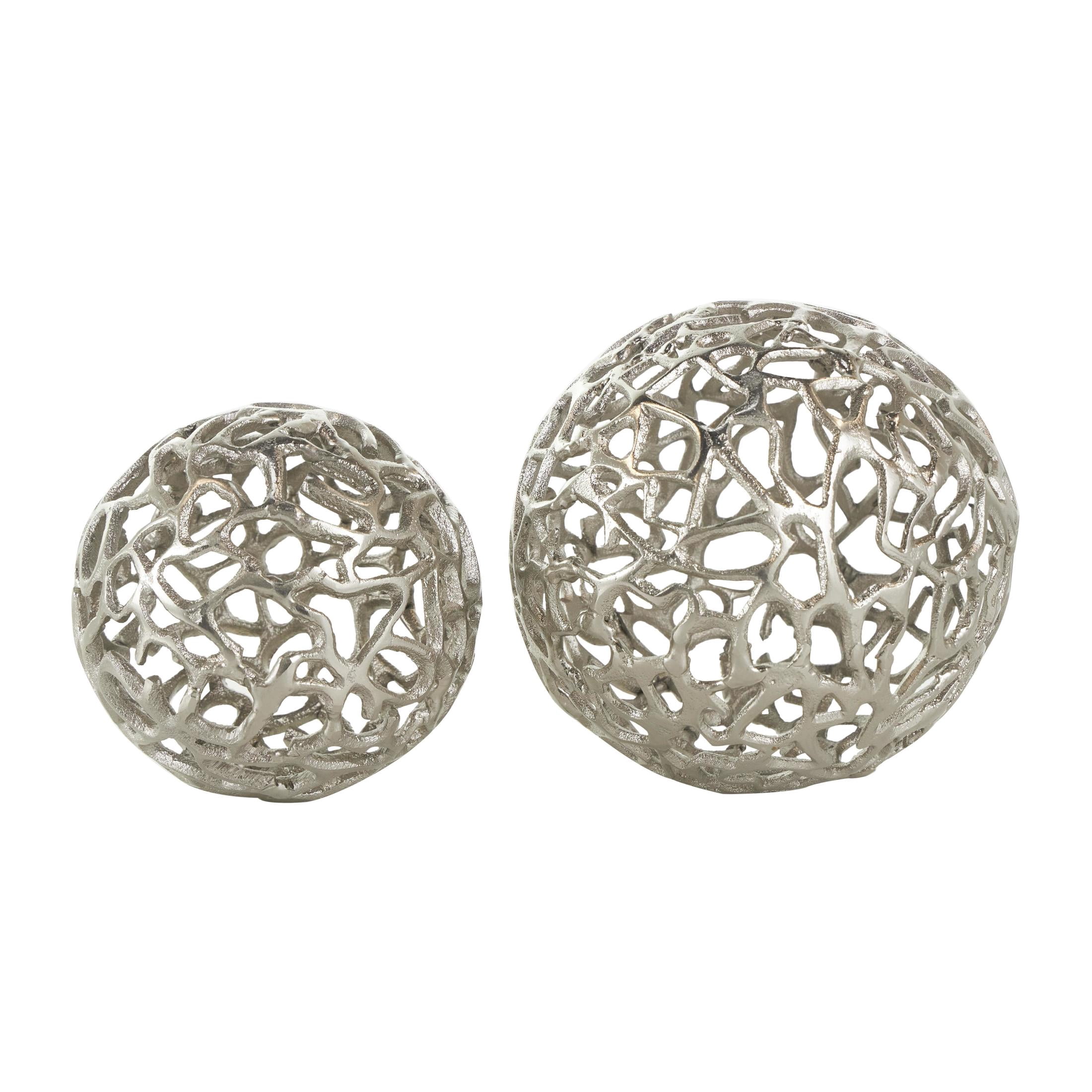 DecMode Silver 6" Coral Aluminum Metal Orbs & Vase Filler with Open Lattice Work (2 Count)