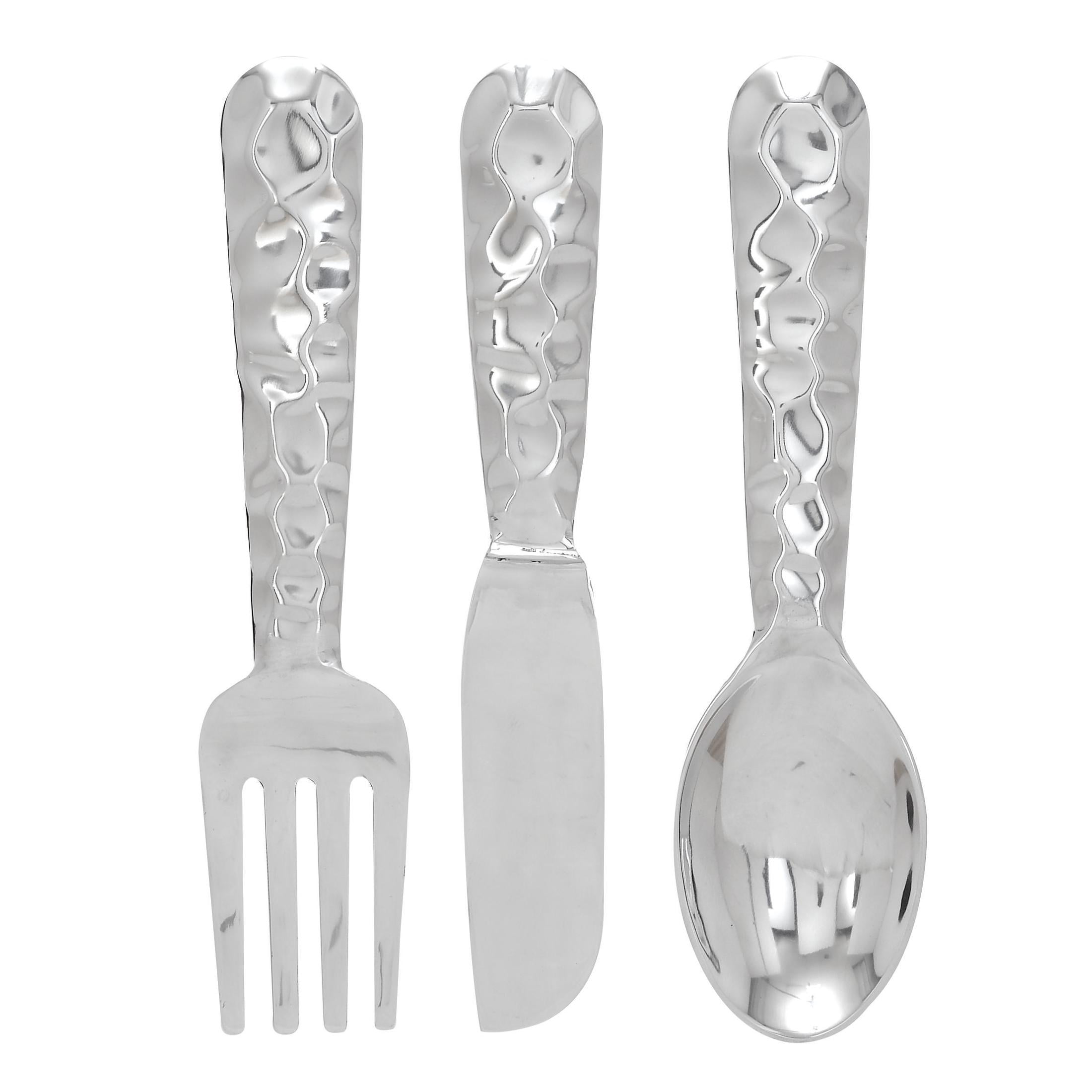 DecMode Silver Aluminum Metal Hammered Knife, Spoon and Fork Utensils Wall Decor (3 Count)