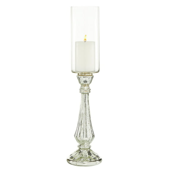 DecMode Silver Glass Handmade Turned Style Pillar Hurricane Lamp with Faux Mercury Glass Finish