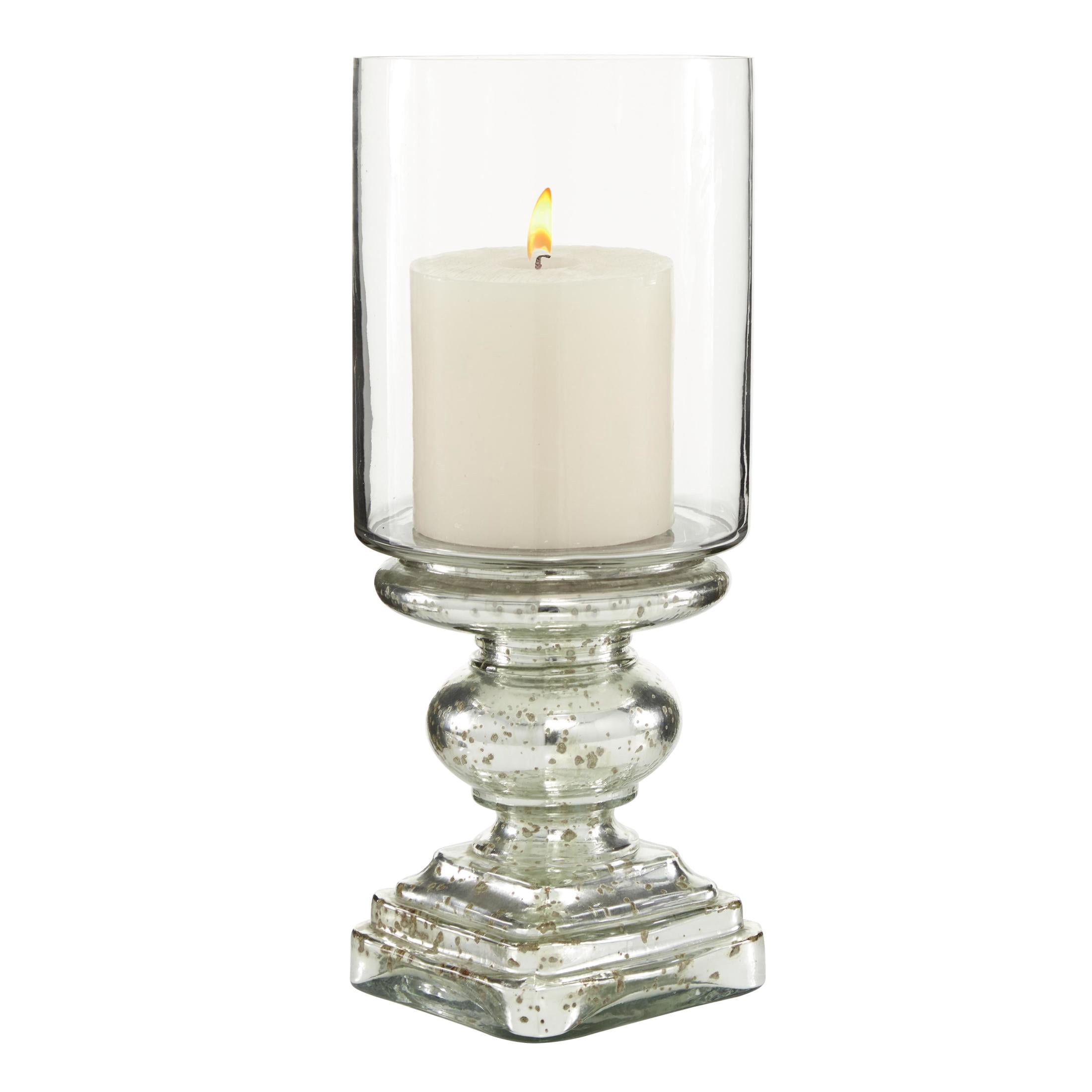 DecMode Silver Glass Handmade Turned Style Pillar Hurricane Lamp with Faux Mercury Glass Finish