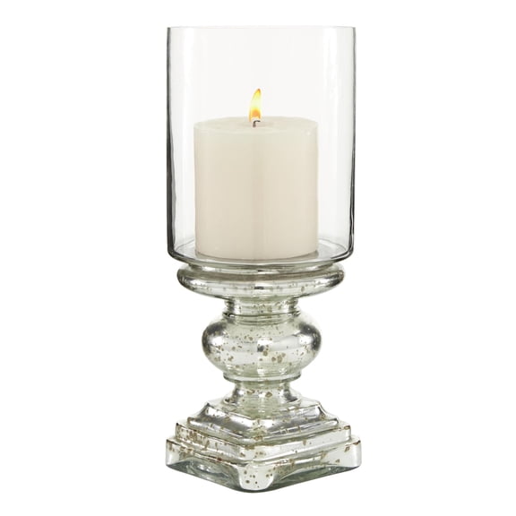 DecMode Silver Glass Handmade Turned Style Pillar Hurricane Lamp with Faux Mercury Glass Finish