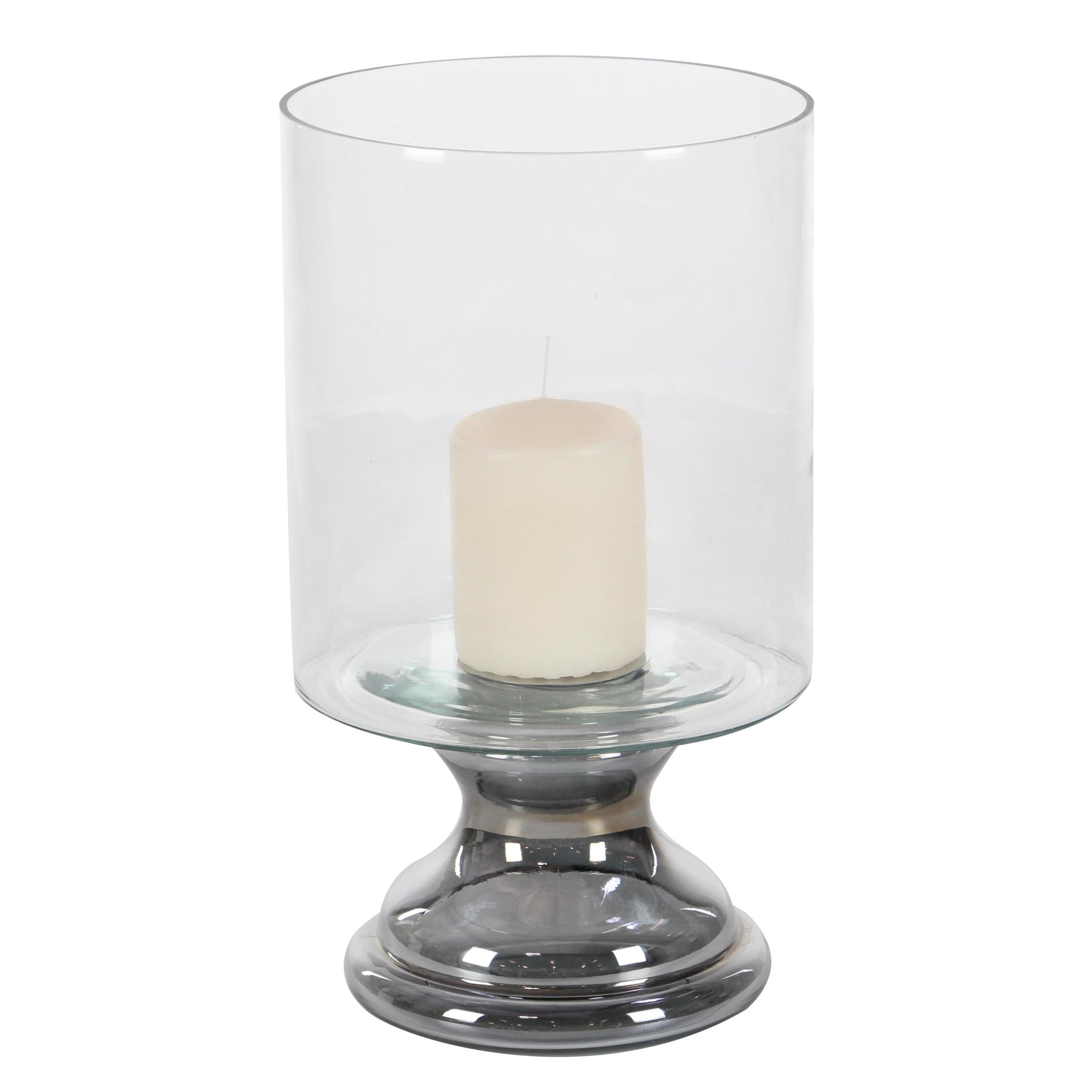DecMode Silver Glass Handmade Turned Style Pillar Hurricane Lamp with Smoked Glass Finish
