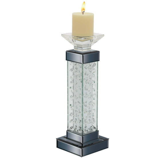DecMode Silver Glass Pillar Candle Holder with Floating Crystals