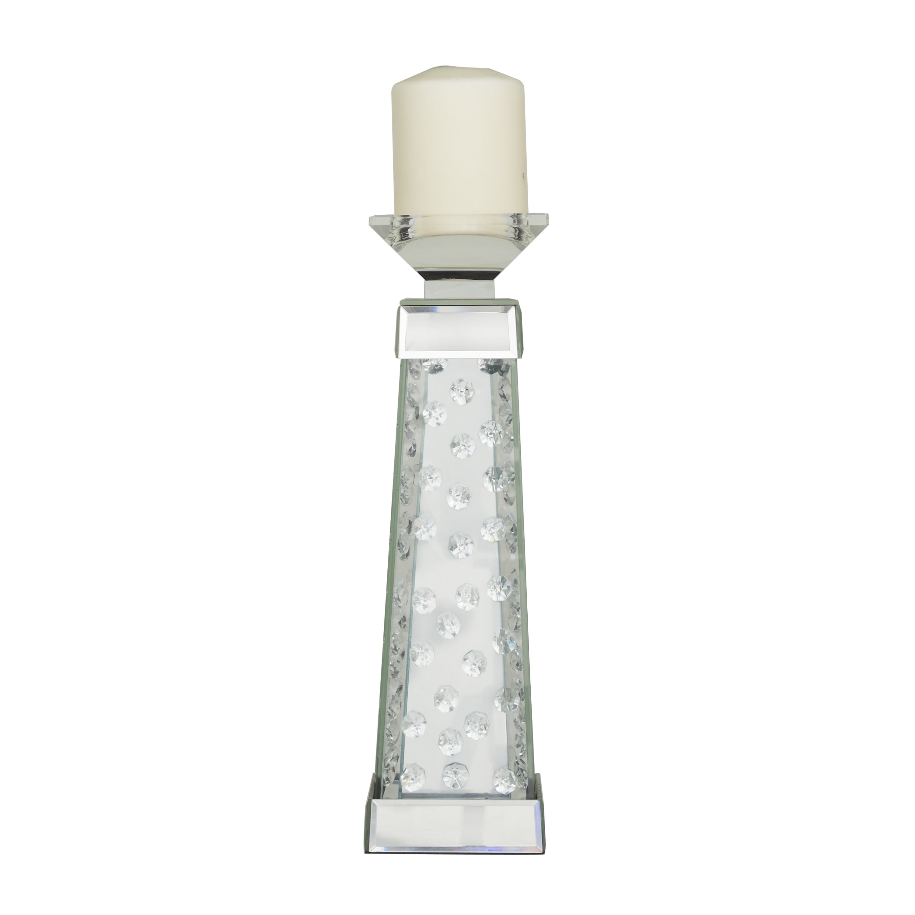 DecMode Silver Glass Pillar Candle Holder with Mirrored Accents and Crystals