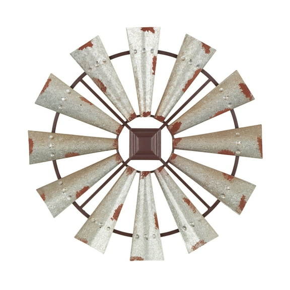 DecMode Silver Metal Distressed Galvanized Windmill Wall Decor with Rust Frame