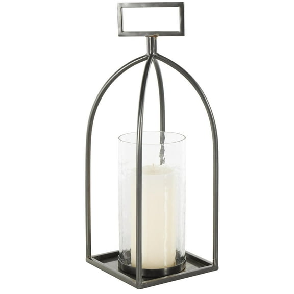 DecMode Silver Metal Open Frame Candle Lantern with Rectangle Handles