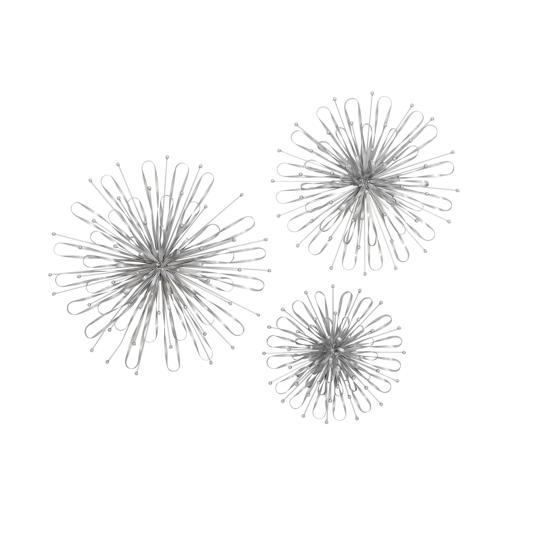 DecMode Silver Metal 3D Looped Floral Starburst Wall Decor with Orb Details (3 Count)