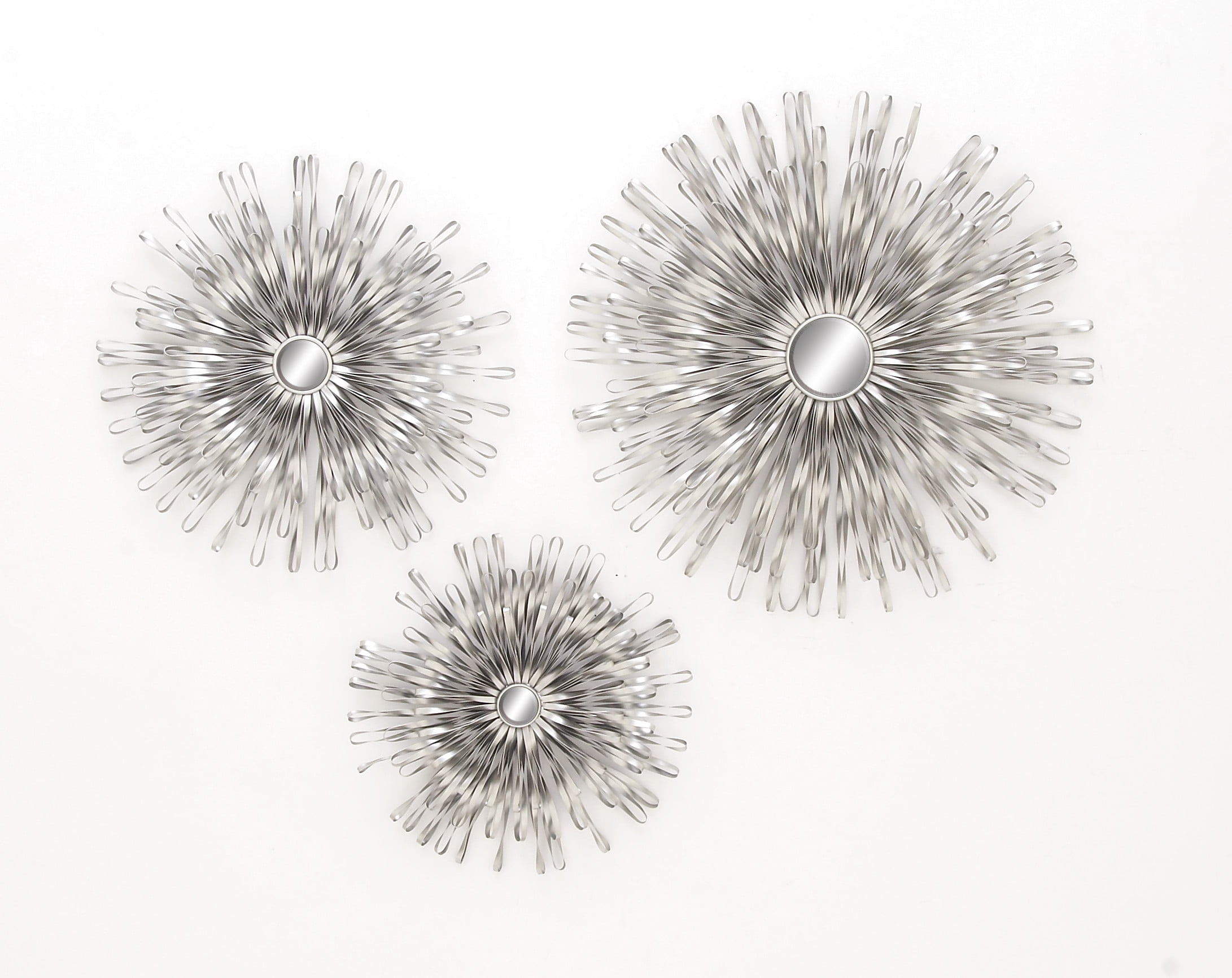 DecMode Silver Metal Sunburst Wall Decor with Mirror Accent (3 Count