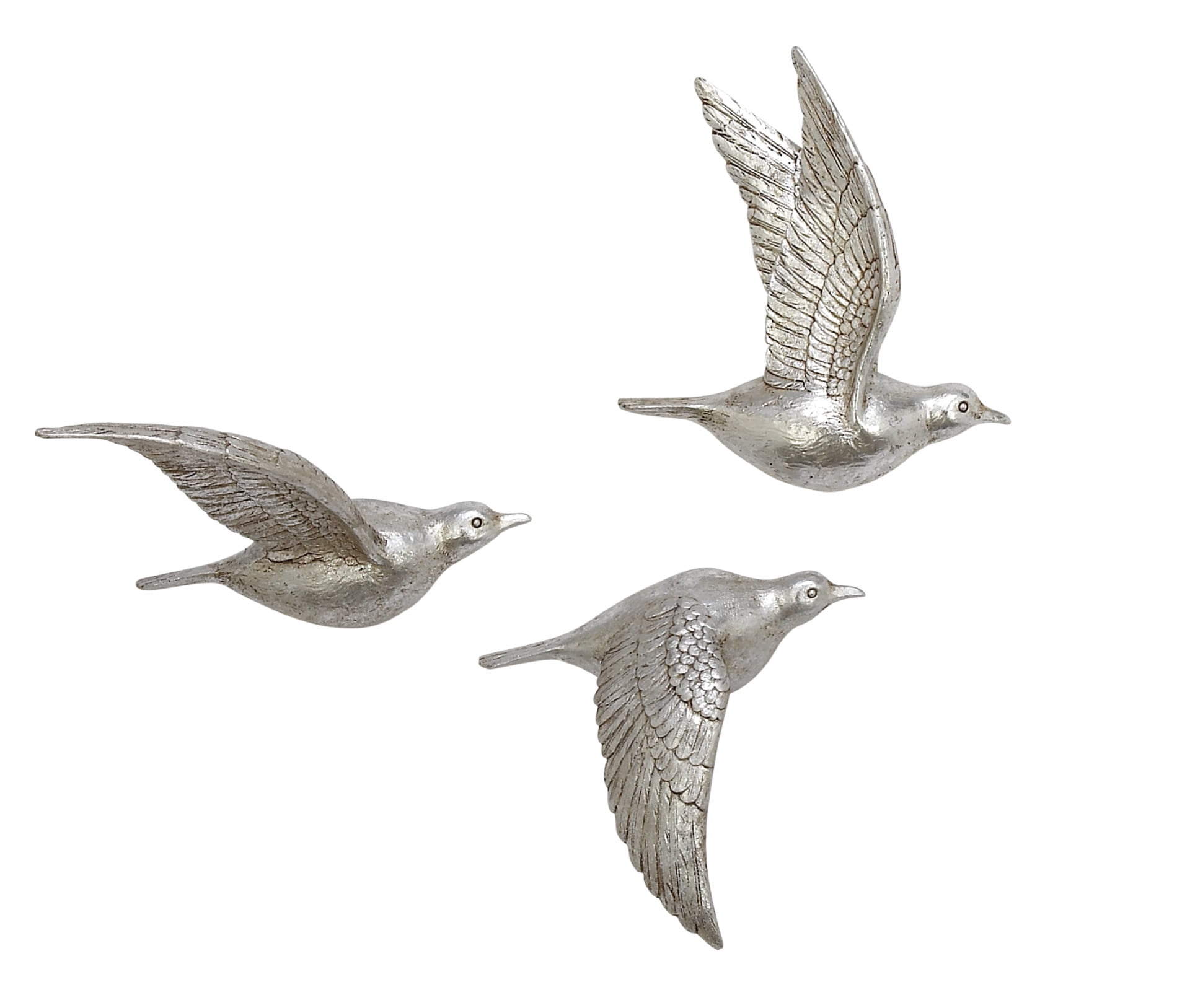 Silver Polystone Bird Wall Sculpture Set of 3