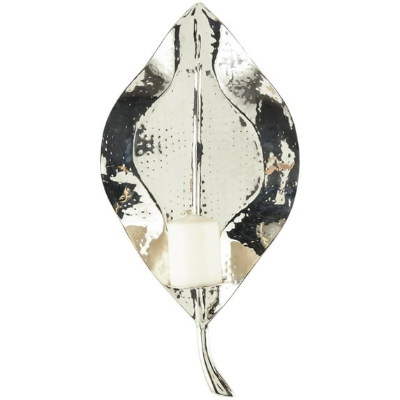 DecMode Silver Stainless Steel Metal Leaf Wall Sconce with Hammered Design
