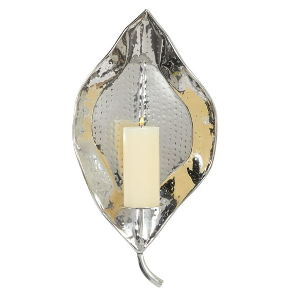 DecMode Silver Stainless Steel Metal Leaf Slim Wall Sconce with Hammered Design