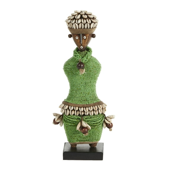 DecMode Small Hand-Crafted Pine Wood, Cowrie Shells, Orange Beads & Kente Cloth African Woman Namji Doll, Green