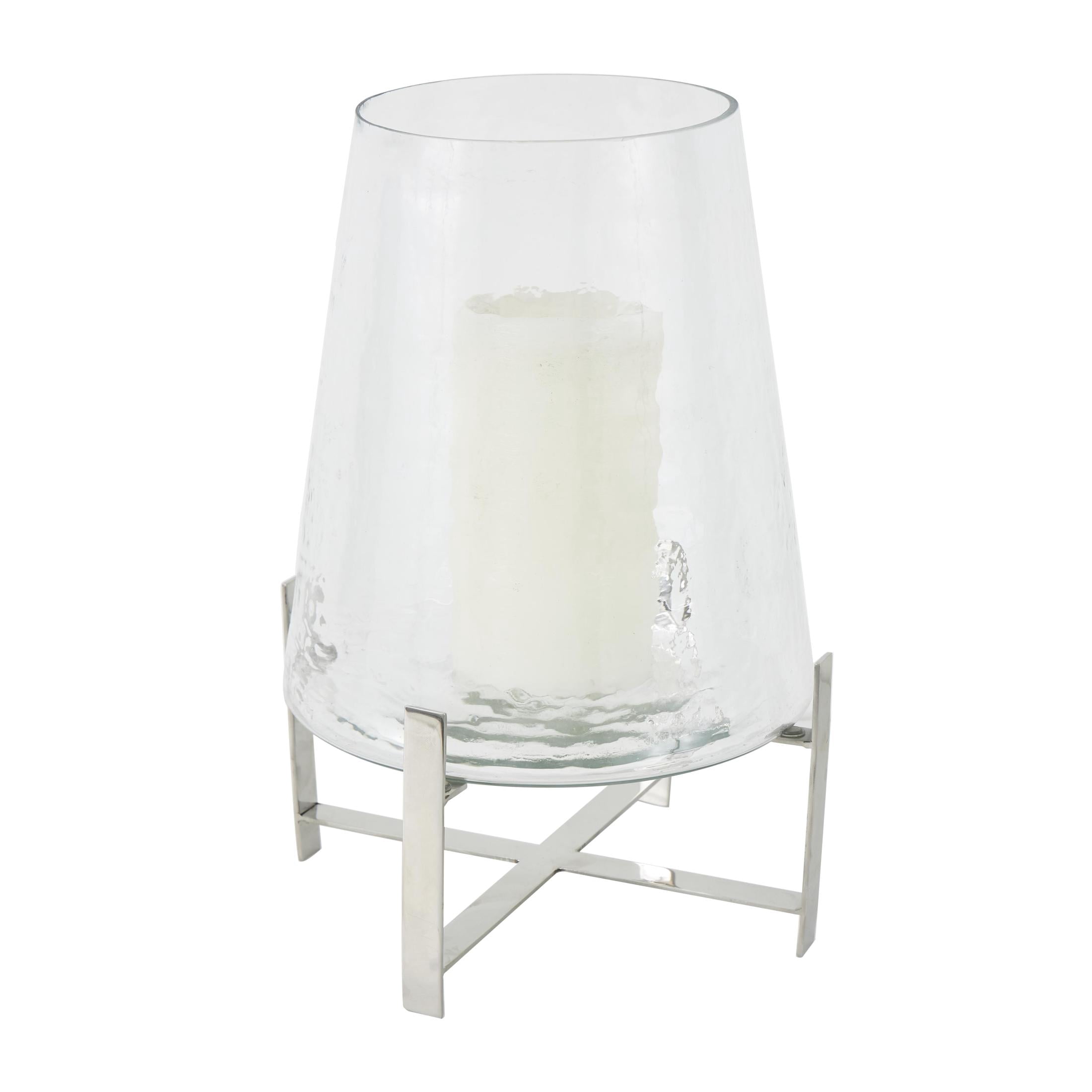 DecMode Stainless Steel Metal Hurricane Lamp with Stainless Steel X Shaped Base