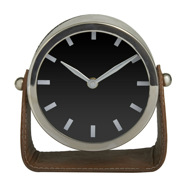 DecMode Stainless Steel Modern Round Decorative Desk Clock 6W x 6H, with  Metallic Silver and Leathery Brown Stand