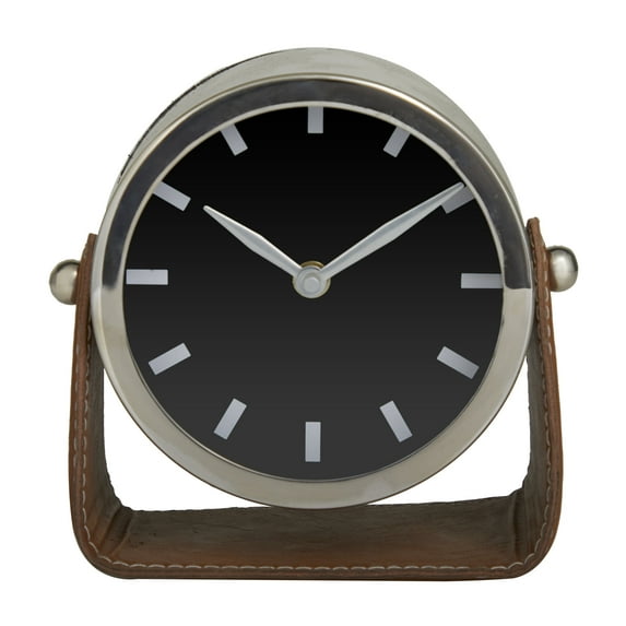 DecMode Stainless Steel Modern Round Decorative Desk Clock 6"W x 6"H, with Metallic Silver and Leathery Brown Stand