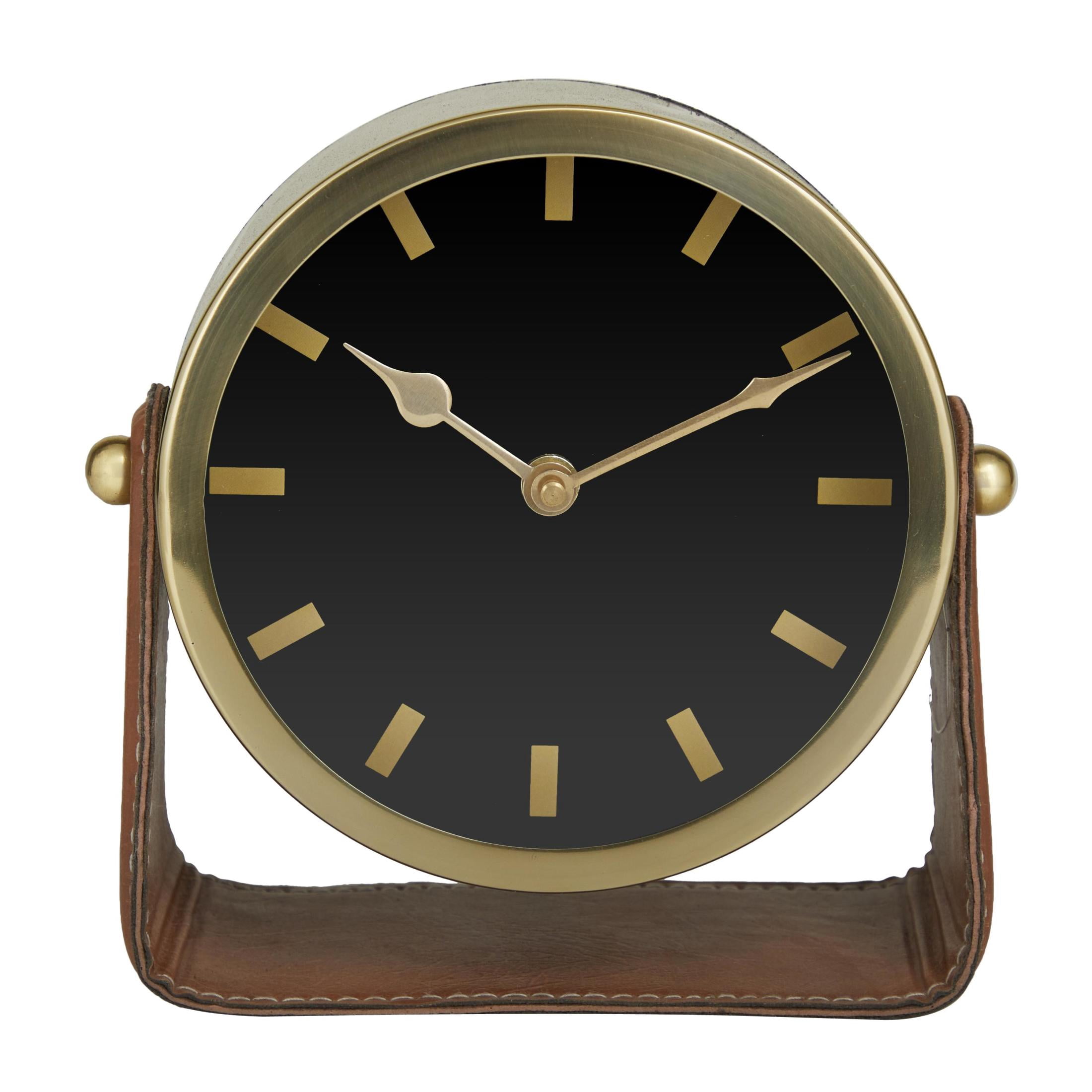 DecMode Stainless Steel Modern Round Decorative Desk Clock 7"W x 7"H, with Metallic Gold and Leathery Brown Stand