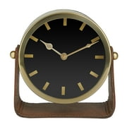 DecMode Stainless Steel Modern Round Decorative Desk Clock 7"W x 7"H, with Metallic Gold and Leathery Brown Stand