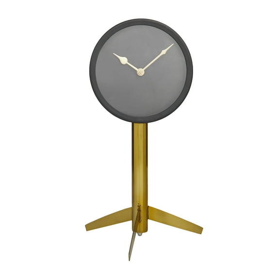 DecMode Stainless Steel Modern Table Clock with Round Face and Circular Frame 7"W x 13"H, Solid Pattern with Gold and Black Finish